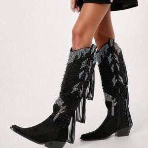 NASTY GAL New In Box Nasty Gal Black Studded Diamante Suede Cowboy Fringe Boots